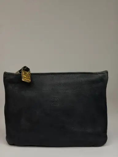 Vintage Leather Clutch Pouch Late 1970s Black Gold