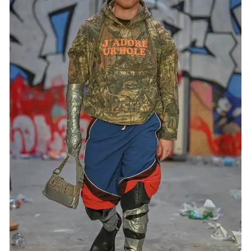Barragan J'adore Ur Hole Camo Hoodie. This hoodie has a double attachment vibe to it. This is from the SS23 runway collection. Great condition. 
#barragan #camouflage