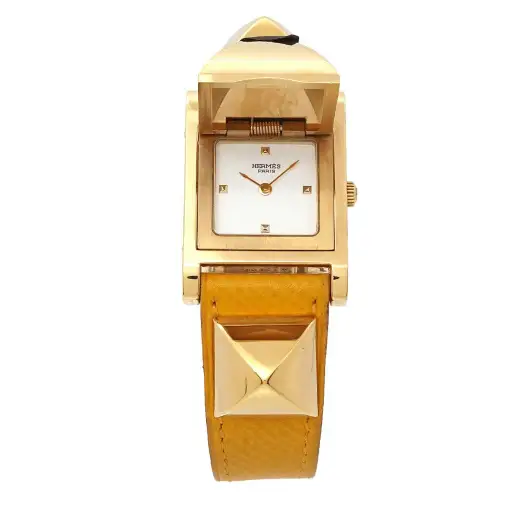 HERMES Medor Vintage pyramid Gold studs Quartz White Dial Ladies 90330500