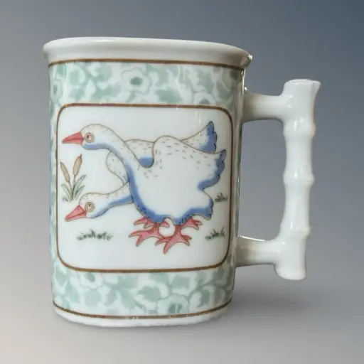 Vintage Takahashi San Francisco Goose Mug Bamboo Handle Green Floral 1980s