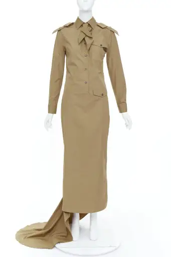 PRADA 2023 Runway brown poplin necktie safari utility shirt trail gown IT38 XS