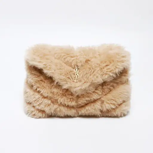 YVES SAINT LAURENT Wool boa logo with card case Clutch bag beige WS13143