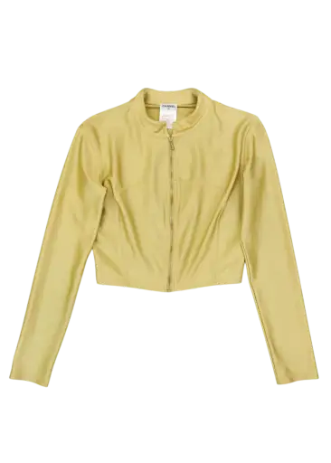 CHANEL (AS IS) Gold Spandex Zip Up Crop Top
