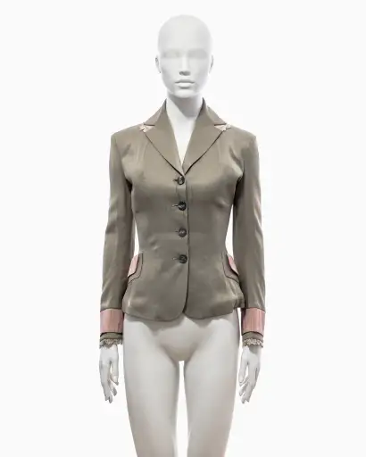John Galliano Khaki Silk Jacket with Pink Moiré Accents and Lace Trim, Spring/Summer 1995