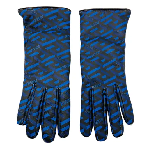 Versace Blue / Black Logo Print Lambskin Leather Gloves