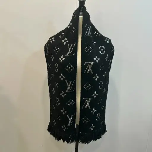 Louis Vuitton Reversible Black Silver Logo Scarf