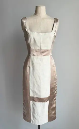 PRADA 1998 Blush Satin & Cream Linen Midi Dress (M)