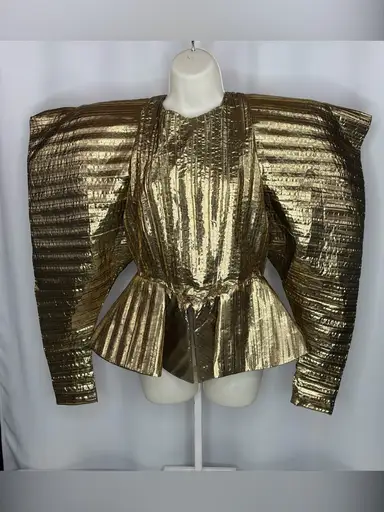Vintage 80s Metallic Gold Avant Garde Power Shoulder Sculptural Peplum Jacket
