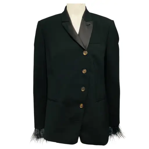 Brunello Cucinelli Black Button Front Wool Jacket with Feather Cuffs and Satin Collar