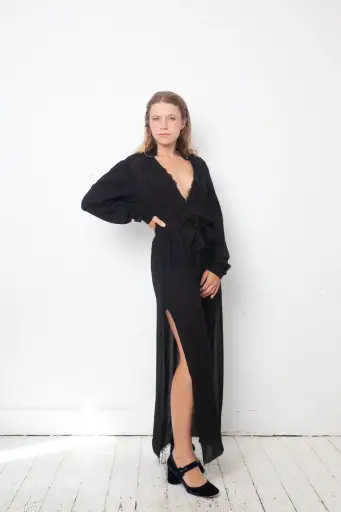 Damir Doma 2000's black silky sheer dress with deep V neck with lace trim