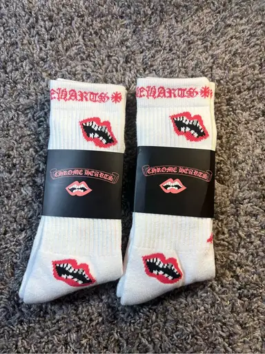 Chrome Hearts White Crew Socks with Red Lip Motif