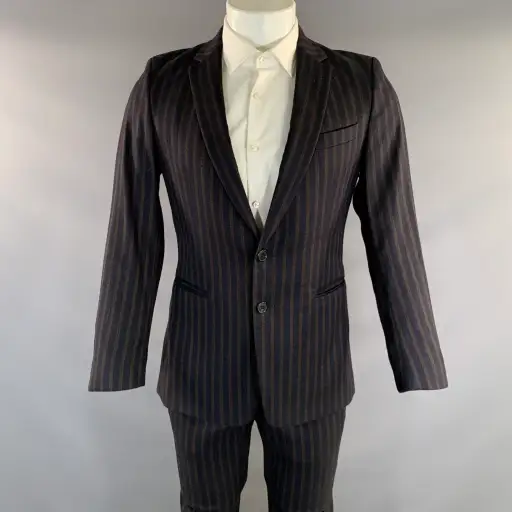 DRIES VAN NOTEN Chest Size 38 Navy Brown Stripe Wool Blend 31 30 Suit