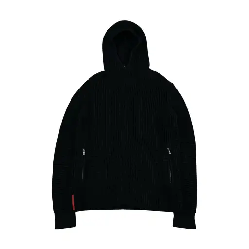 Prada Black Heavyweight Wool Ribbed Hooded Knit Jumper - Medium