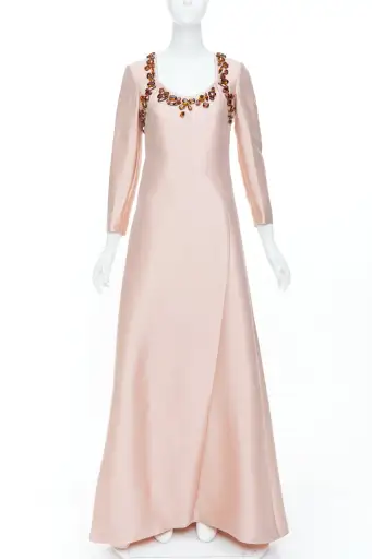 PRADA 2014 jewel embellished brown blush wool silk gown IT38 XS