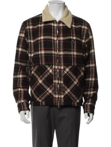 Shearling Collar Zip Up Flannel Plaid Print Jacket