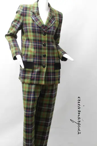 YVES SAINT LAURENT, Green Navy Plaid Ensemble with Fringe Pockets, 1970s
