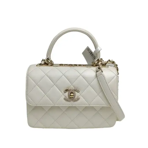 CHANEL White Chip Trendy CC Handbag Organizer 20cm Diamond Buckle White Calfskin