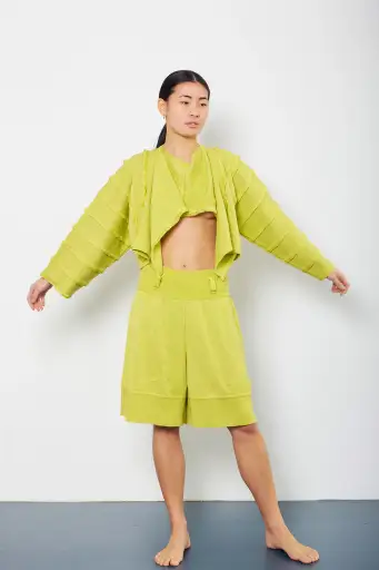 80's Issey Miyake Chartreuse Drape Sweater Shorts Ensemble