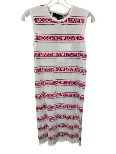 Love Moschino Size 40 White, Pink, Black Viscose Blend Knit Logo Dress
