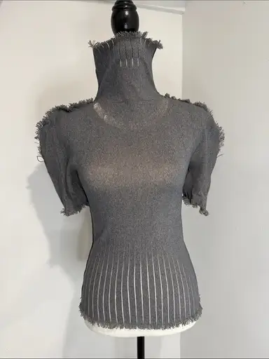 Issey Miyake APOC Gray Short-Sleeve Frayed Turtleneck Sweater