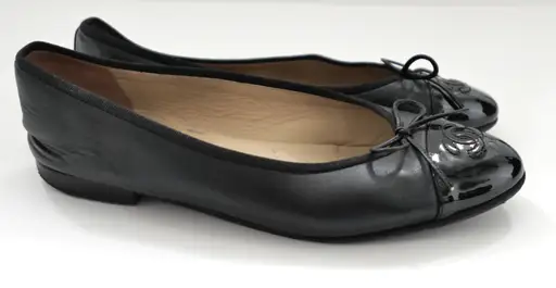 Chanel Black Leather Patent CC Toe Cap Ballet Flats