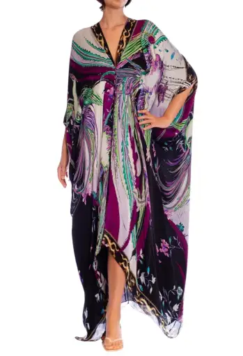 2000S ROBERTO CAVALLI Grey & Purple Psychedelic Silk Kaftan