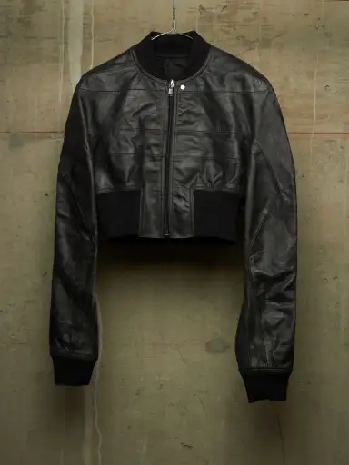 Rick Owens SS25 "HOLLYWOOD" Black Tamponato Calf Leather Cropped Girdered Bomber Jacket