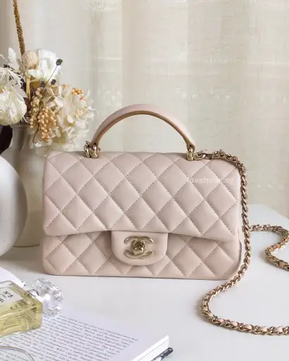 Mini Rectangle with Top Handle 23P Light Beige/ Dark Caramel Lambskin Light Gold Hardware