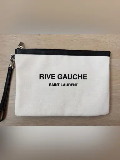 Saint Laurent Rive Gauche Cream & Black Canvas Wristlet Pouch Clutch