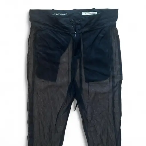 A.F. Vandevorst sheer trousers

Rare black sheer trousers by Belgian label A.F. Vandevorst.
Semi-transparent construction with built-in shorts/pocket detailing, structured waistband and tailored cuffs.

Such a beautiful and unusual archive piece.
Great condition.