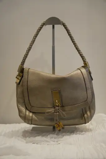 Gucci Silver Metallic Bamboo Bella 282301 Leather 2Way Handbag