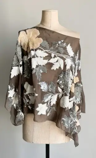 VALENTINO 2001 Taupe Sheer Silk Sequin Floral Blouse