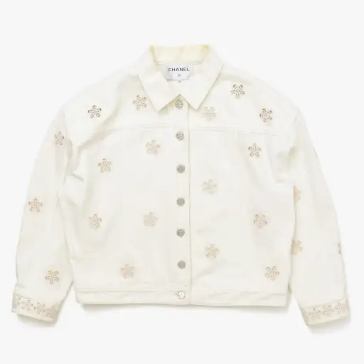 CHANEL シャネル フラワーパターン デニムジャケット 2014年 P76751V68765 コットン ホワイト シルバー金具 サイズ46 美品 中古 4a008648