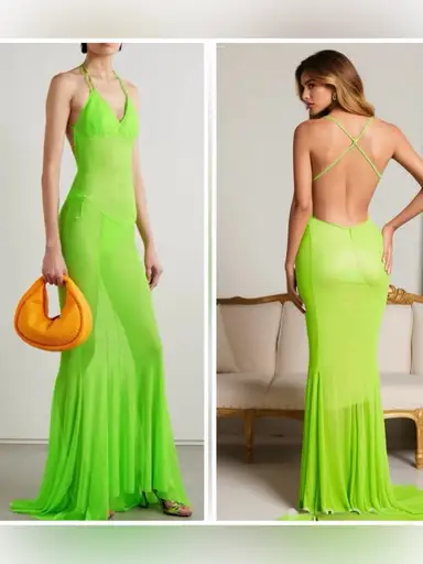 New Norma Kamali LOWBACK SLIP MERMAID FISHTAIL GOWN Neon Green XS