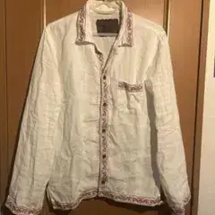 BACK BONE バックボーン　リネン　エスニック刺繍オープンカラーシャツ　L