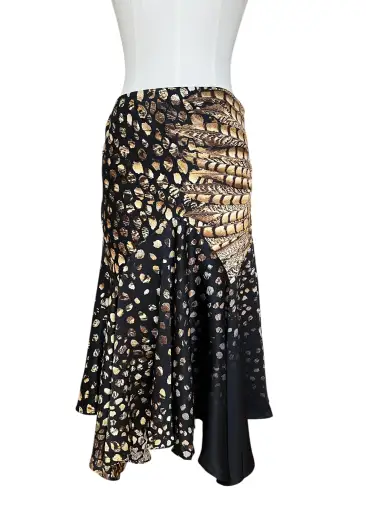 Roberto Cavalli 2004 Silk Asymmetric Mermaid Skirt | Archive Y2K Feather Print Maxi Skirt