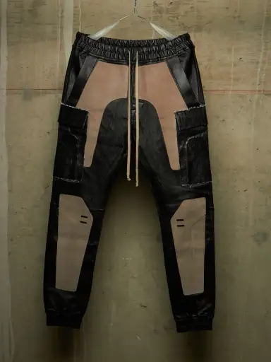 Rick Owens AW19 "LARRY" BLACK OYSTER Stretch Lamb Leather Cargo Joggers