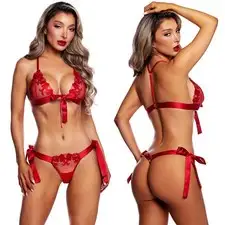 Roma Confidential Ravishing Rouge Metallic Bow Embroidered Bralette Thong S-XL