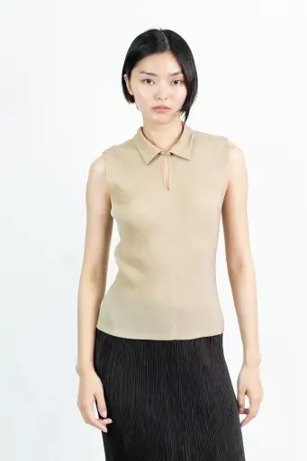 Pleats Please Issey Miyake  Micro Pleated Sleeveless Polo