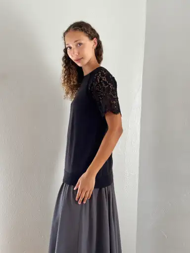Lanvin Charcoal Wool + Lace Knit Top