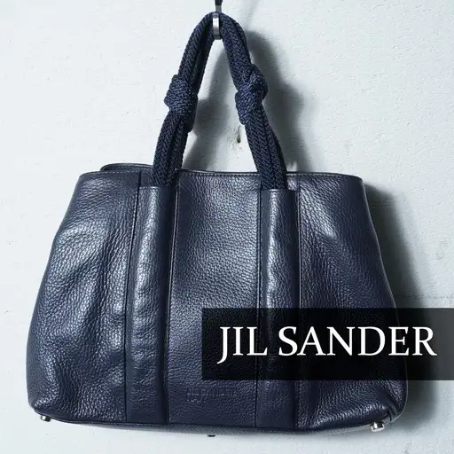 【JIL SANDER】ジルサンダーNAVY ロゴ入シボ加工レザーハンドバッグ navy