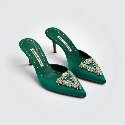 Lurum Green Satin Crystal-Embellished Mules