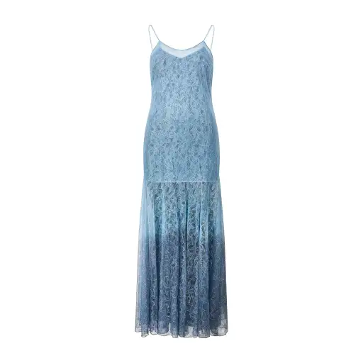2000 Christian Dior Runway Documented Blue Metallic Lace Slip Dress