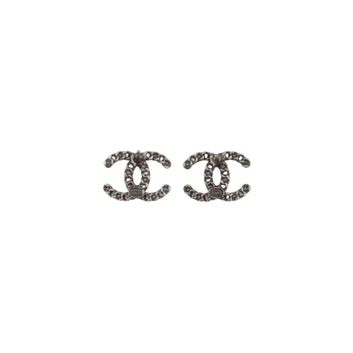 CHANEL F20P Silver Tone Chain Link Rhinestone Double CC Pierced Earrings [Used]