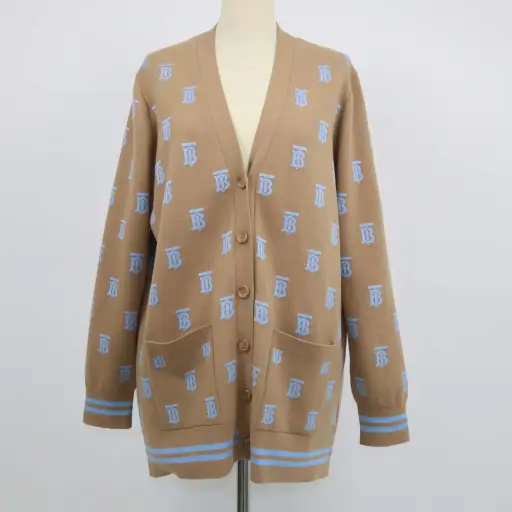 Burberry Brown,Blue Wool Silk TB Allover Cardigan