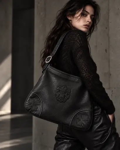 CHROME HEARTS – Rare 1995 Vintage Black Leather Fleur-de-Lis Shoulder Bag