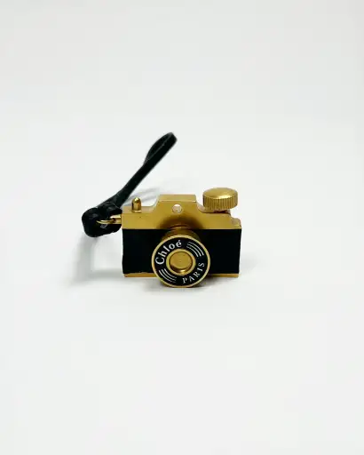 00's Chloé Miniature Camera Charm Keyring in Brass Metal & Leather