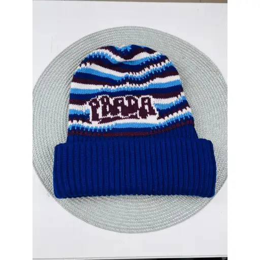 Prada Striped Intarsia Knit Logo Beanie Hat cashmere Italy