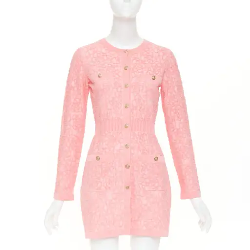 CHANEL 21C light pink embossed camelia boucle intarsia knit mini dress FR36 S