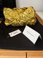 Dries Van Noten Gold Metallic Leather Ruffle Clutch Magnetic closure